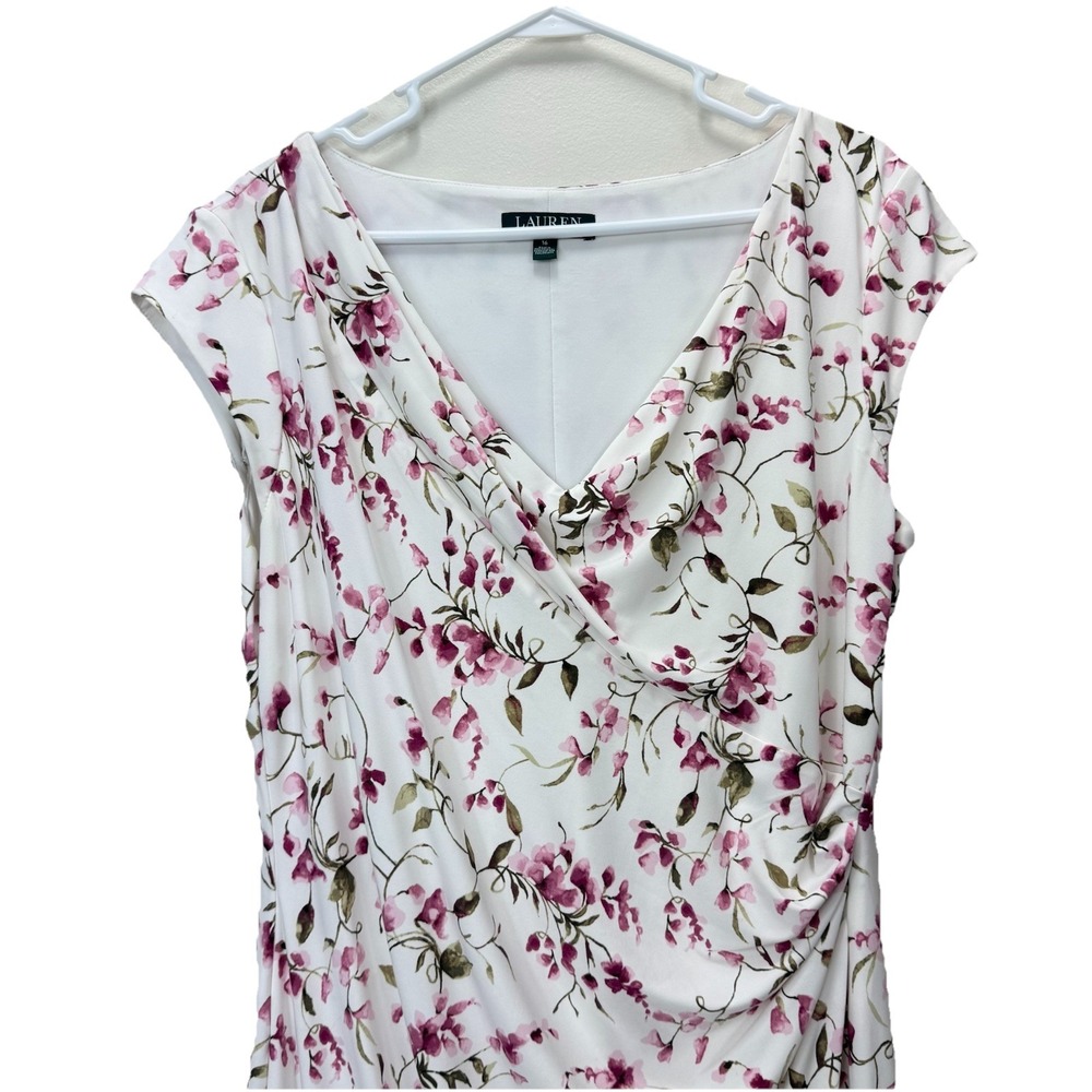 Ralph Lauren Ivory Pink Floral Jersey Surplice Stretch Sheath Dress Size 16 - Picture 4 of 10
